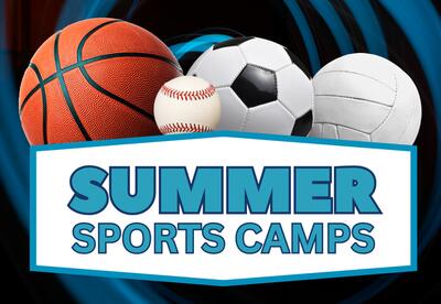Summer Sports Camps with sports balls on blue background