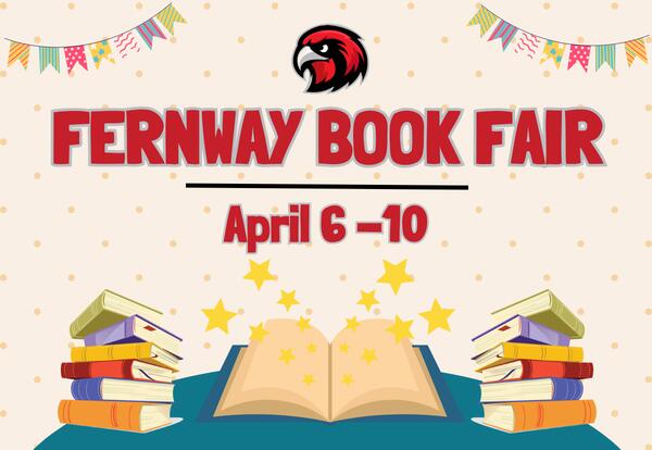 Fernway Falon logo above words that read Fernway Book Fair April 6 -10 with books and stars underneath