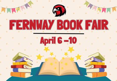 Fernway Falon logo above words that read Fernway Book Fair April 6 -10 with books and stars underneath
