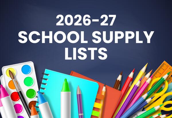2026-27 School Supply Lists writing on blue background with school supplies underneath