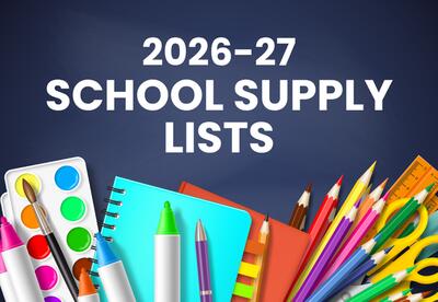 2026-27 School Supply Lists writing on blue background with school supplies underneath