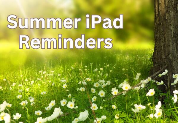 iPad Summer Reminders wording with field of flowers and sun shining in background