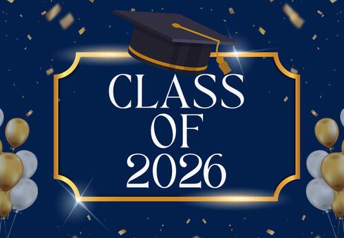 Class of 2026 on blue background with graduation cap