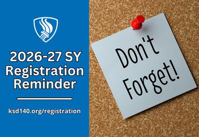 2026-27 Registration Reminder with blue background on bulletin board with Don't Forget post it pinned