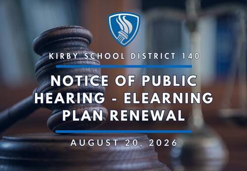 Notice of Public Hearing -elearning plan renewal - August 20, 2026 with gavel in background