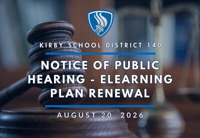 Notice of Public Hearing -elearning plan renewal - August 20, 2026 with gavel in background