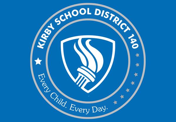 Circle Kirby School District 140 Every Child Every Day with flame logo on blue background
