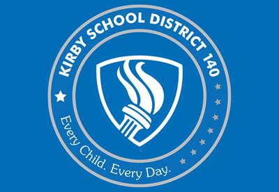 Circle Kirby School District 140 Every Child Every Day with flame logo on blue background