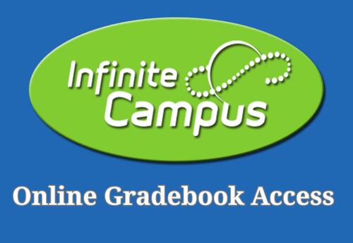 Infinite Campus logo with Online Gradebook Access written under the logo on blue background