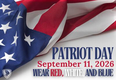 American flag in background with Patriot Day September 11, 2026 Wear Red, White and Blue written on lower right corner