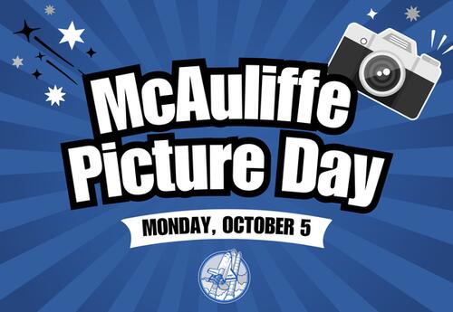 McAuliffe Picture Day - October 5 written with camera in right corner on blue background