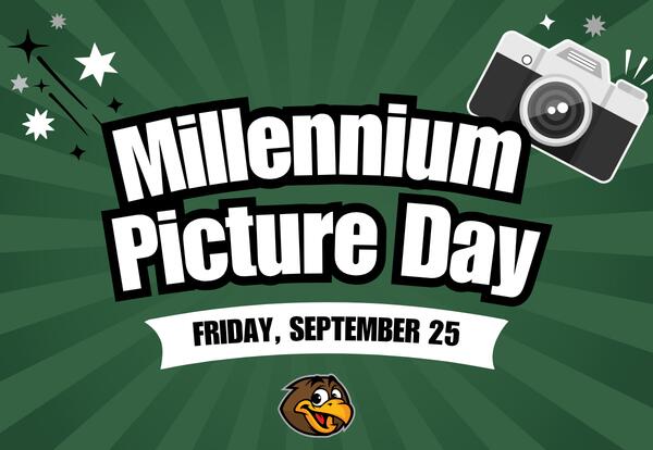 Millennium Picture Day - September 25 written with camera in right corner on green background