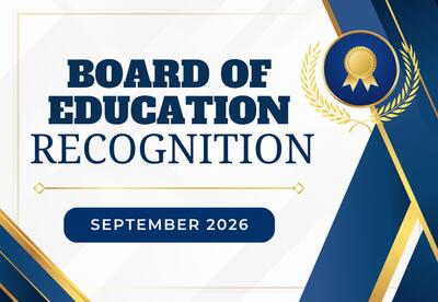 Board of Education Recognition” with a gold award seal and laurel wreath, and a button labeled “September 2026,” in a blue and gold formal design