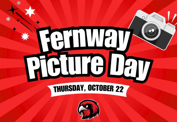 Fernway Picture Day - October 22 written with camera in right corner on red background