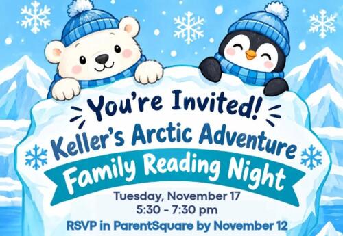 You're Invited - Keller's Arctic Adventure Family Reading Night Tuesday, November 17 - RSVP by November 12 written on arctic background with polar bear and penguin