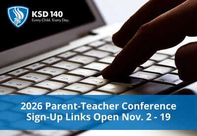 2026 Parent-Teacher Conference  Sign-Up Links Open Nov. 2 - 19 written with fingers typing on keyboard with blue background