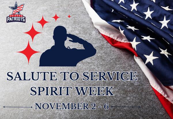 Salute to Service Spirit Week November 2 - 6 with silhouette of soldier saluting with star above on gray background and american flag and grissom logo