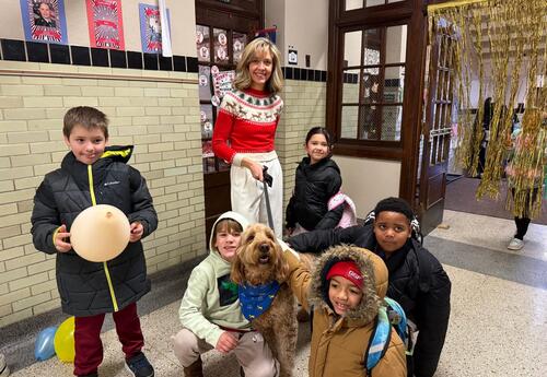 Irving Principal and Students with Walter the Dog