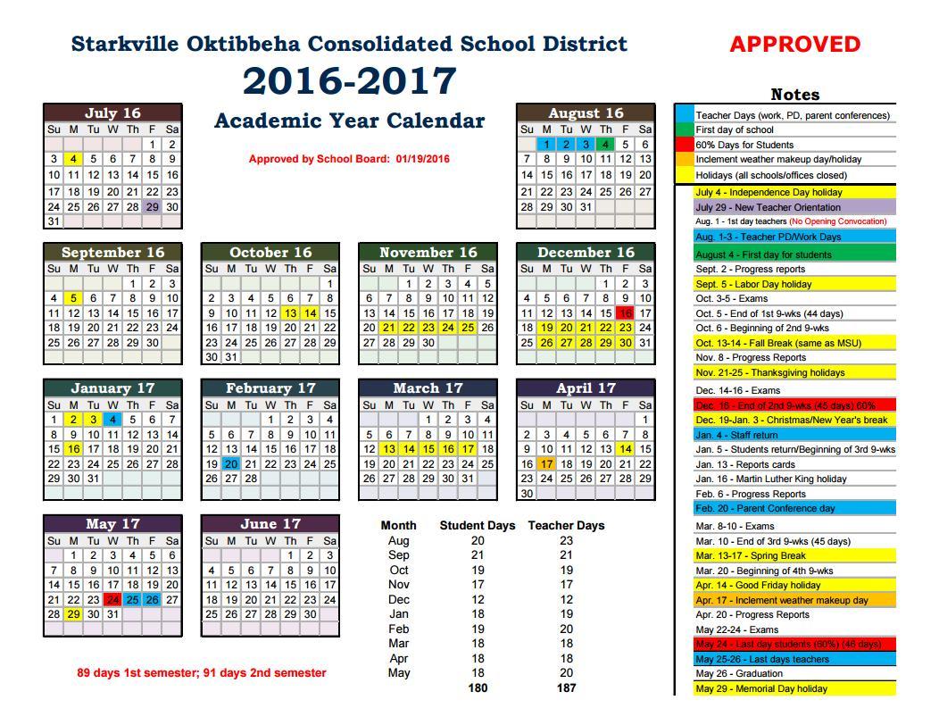 201617 School Year Calendar for SOCSD Starkville Oktibbeha School