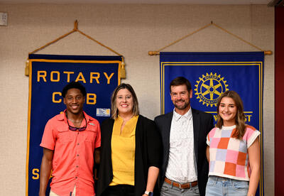 Starkville Rotary Club invited Millsaps staff to speak about work-based learning opportunities. Pictured: Tylan Calvert (SHS Senior), Dr. April Dill (Director of CTE), Rob Fyke (Work-based Learning Coordinator), Mary Frances Whatley (SHS Senior)