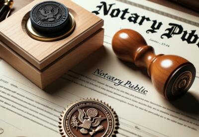 A notary stamp sits atop a notarized certificate.