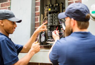 Two electricians work on a breaker box.
