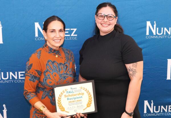 Dr. Tina Tinney, Nunez Chancellor, poses with Culinary student Kelsey Juan at the Fall 2025 Scholarship Breakfast.