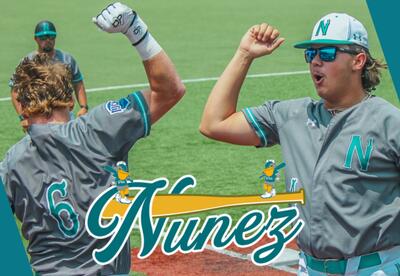 Two Nunez Baseball players celebrate during a game.