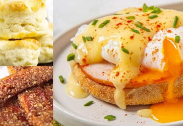 A collage of breakfast food pictures.
