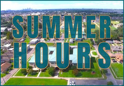 The text "Summer Hours" is shown over an aerial picture of the Nunez campus.