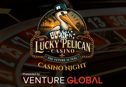The Lucky Pelican logo sits above the Venture Global logo