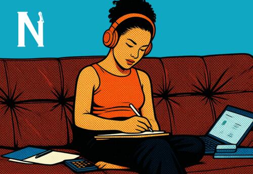 An illustration of a college student working on an assignment from home.