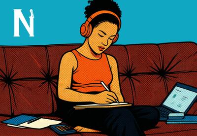 An illustration of a college student working on an assignment from home.