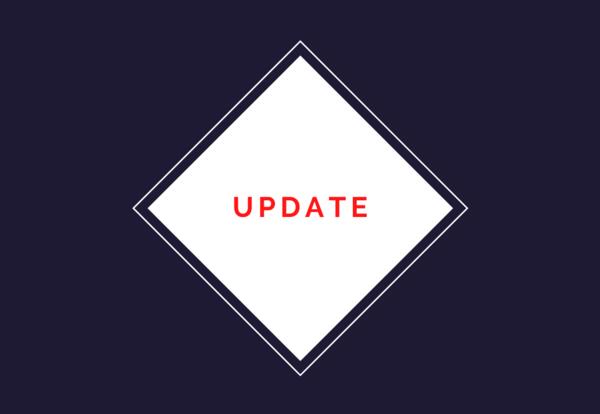 Navy box with white diamond shape and the word update in red