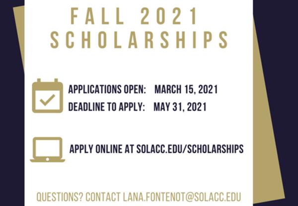 White, gold, and navy boxes with Fall 2021 Scholarship information written on white box.