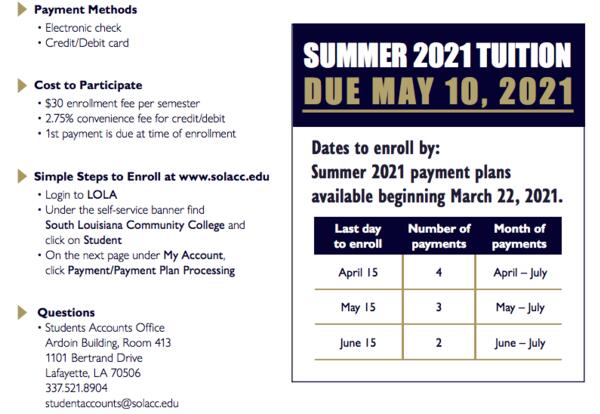 payment plan flyer for summer 2021