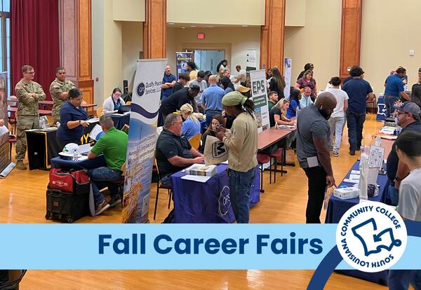 Students at a career fair, text says, "Fall Career Fairs"