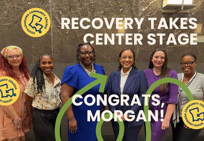 photo that has the text, "Recovery Takes Center Stage, Congrats Morgan"