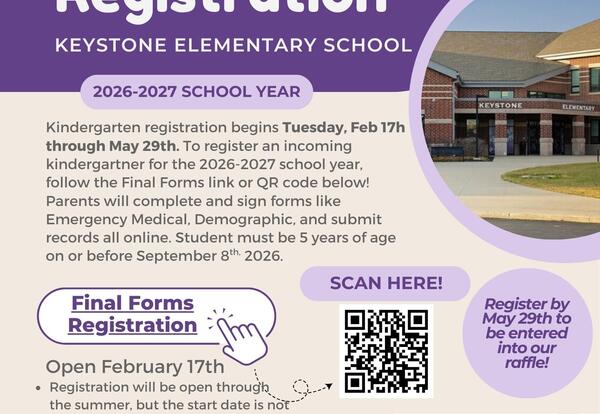 for 2026-27 school year- a flyer containing information about applying for kindergarten at keystone local schools for the -