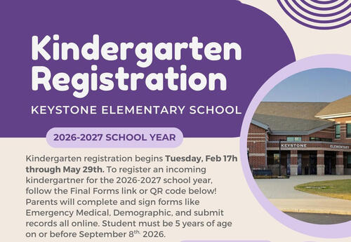 for 2026-27 school year- a flyer containing information about applying for kindergarten at keystone local schools for the -