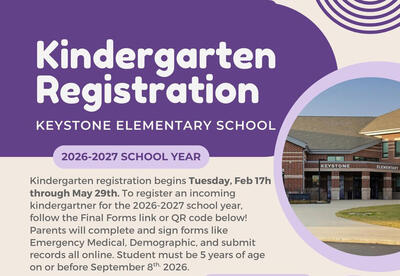 for 2026-27 school year- a flyer containing information about applying for kindergarten at keystone local schools for the -