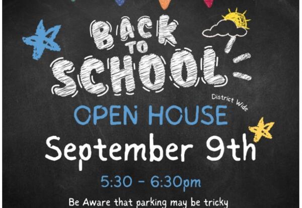 open house announcement with image of flag banner, stars and flowers
