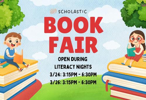 clipart of book fair information with clouds, students, books