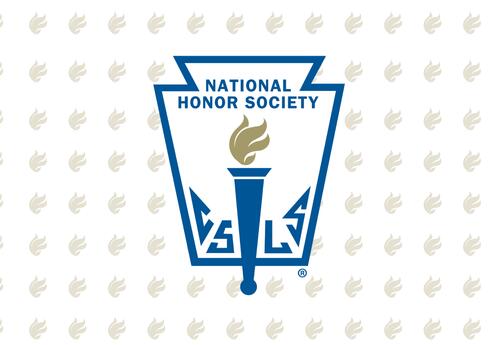 National Honor Society logo featuring a blue keystone-shaped emblem with a gold torch in the center and the words ‘National Honor Society’ at the top. Light gray torch icons repeat in a pattern across the background