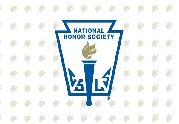 National Honor Society logo featuring a blue keystone-shaped emblem with a gold torch in the center and the words ‘National Honor Society’ at the top. Light gray torch icons repeat in a pattern across the background