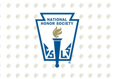 National Honor Society logo featuring a blue keystone-shaped emblem with a gold torch in the center and the words ‘National Honor Society’ at the top. Light gray torch icons repeat in a pattern across the background