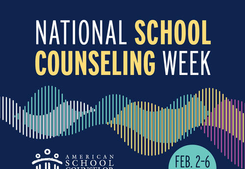 A graphic promoting National School Counseling Week on a dark blue background. Large text reads “National School Counseling Week.” Colorful sound wave-style graphics stretch across the center of the image. The American School Counselor Association logo ap