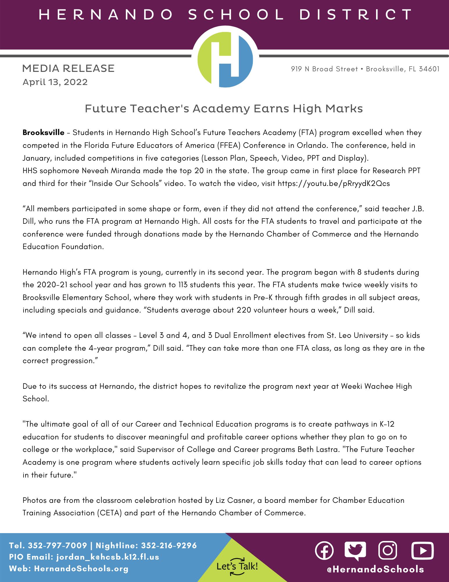 MEDIA RELEASE FTA Earns High Marks