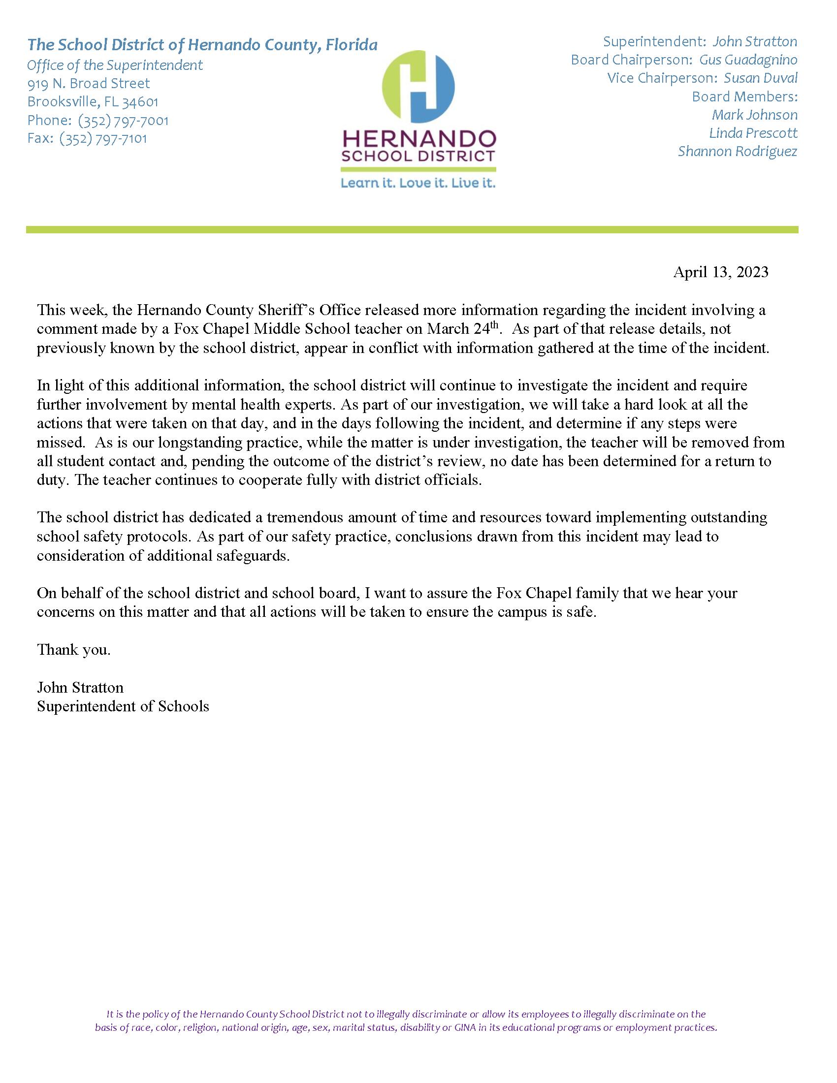 Letter from the Superintendent to Fox Chapel Middle