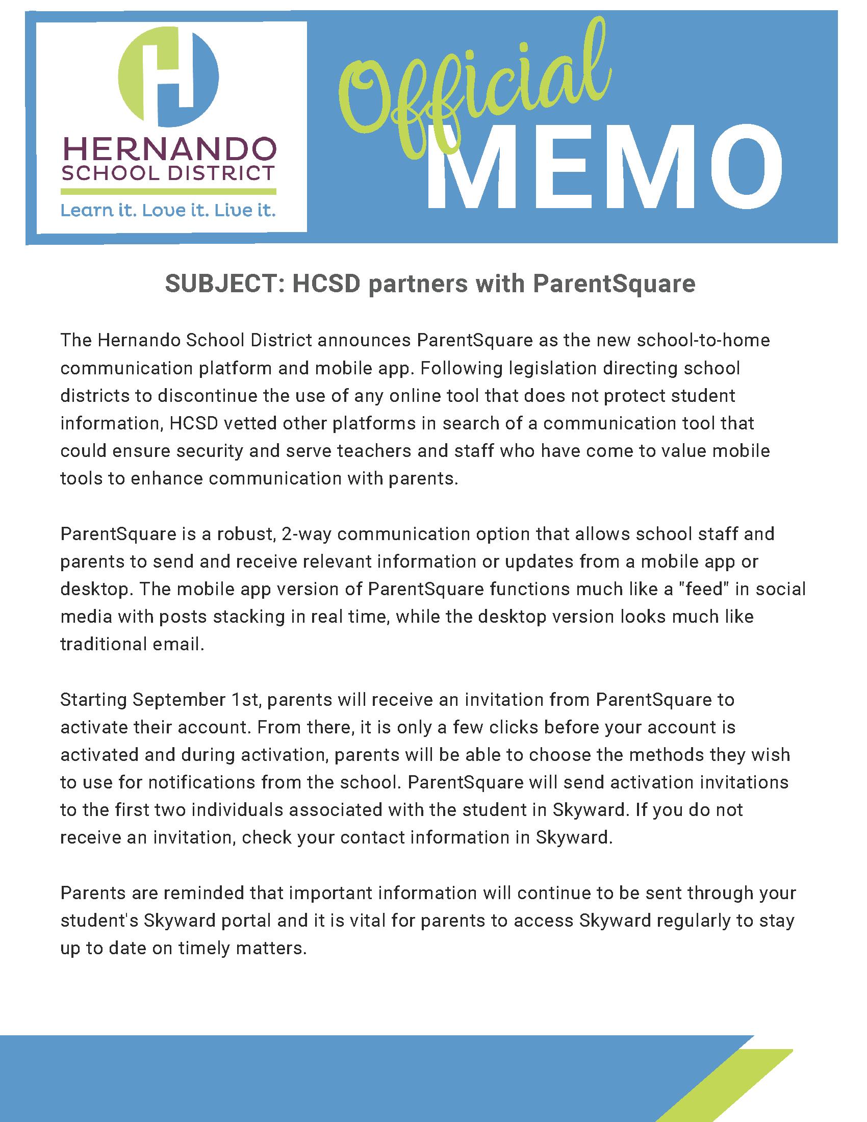 ParentSquare Official Memo